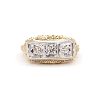Vintage Art Deco Style Diamond Trilogy Ring in 14K Two Tone Gold