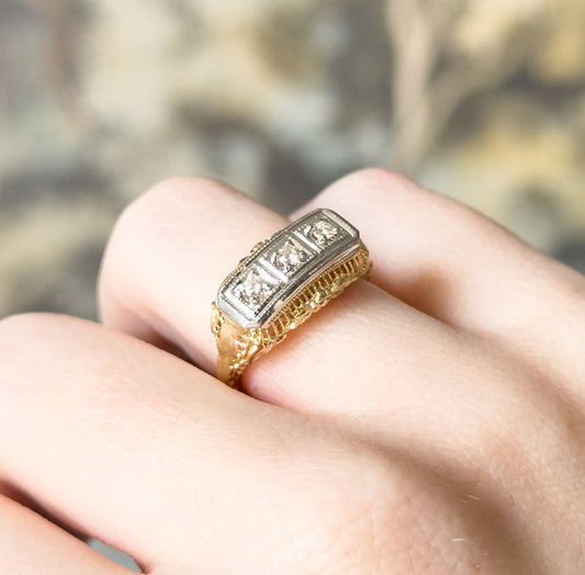 Vintage Art Deco Style Diamond Trilogy Ring in 14K Two Tone Gold