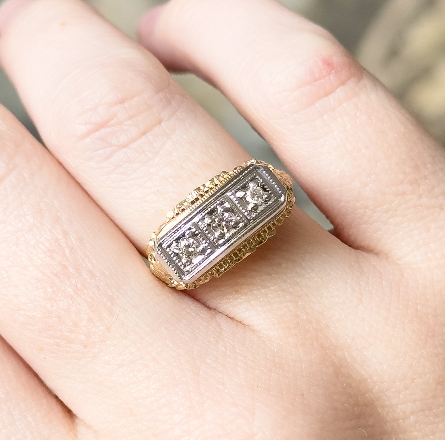 Vintage Art Deco Style Diamond Trilogy Ring in 14K Two Tone Gold