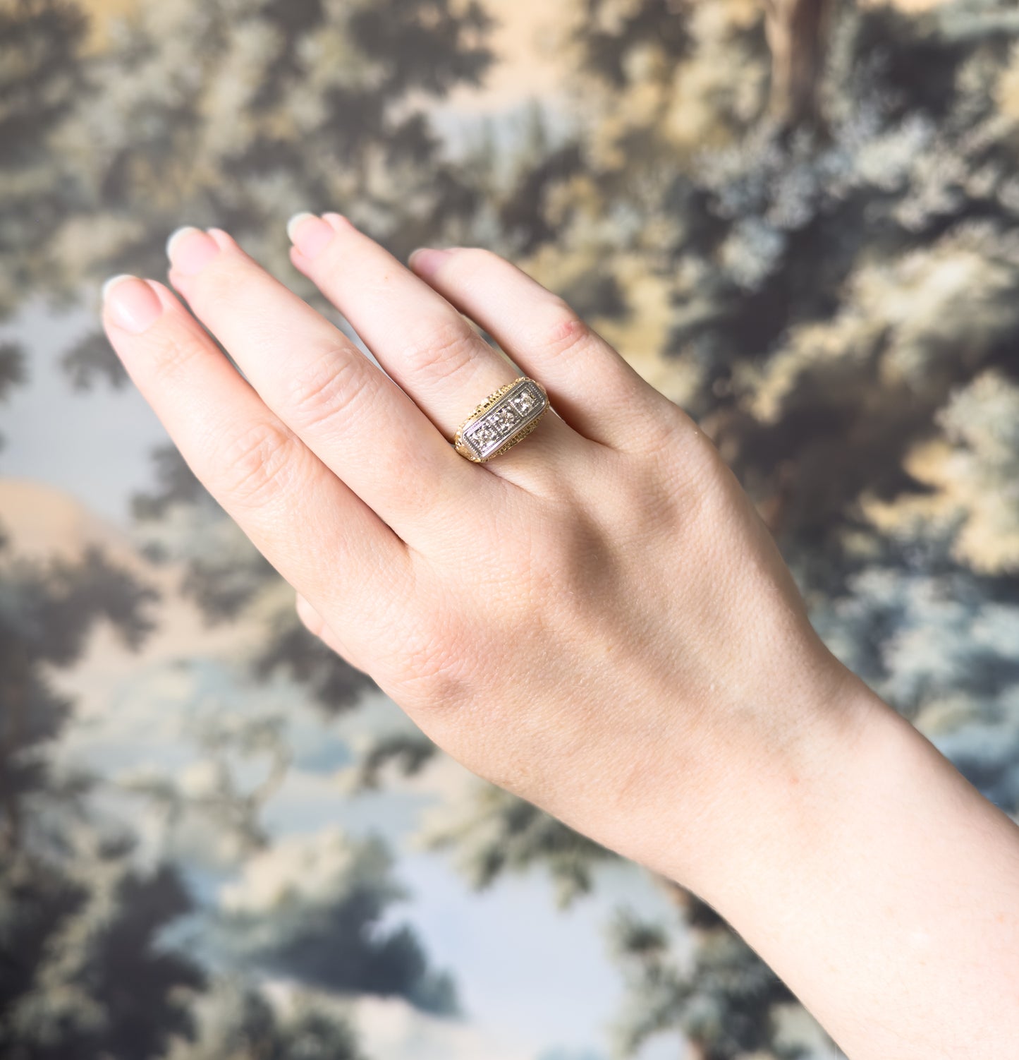 Vintage Art Deco Style Diamond Trilogy Ring in 14K Two Tone Gold