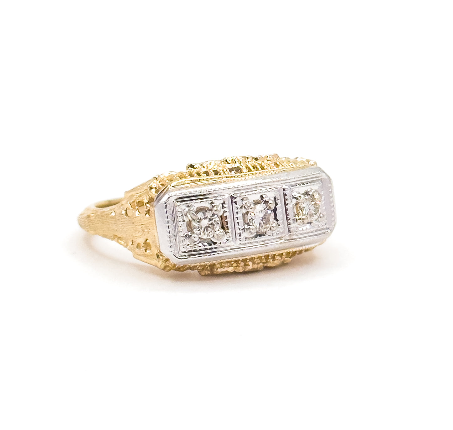 Vintage Art Deco Style Diamond Trilogy Ring in 14K Two Tone Gold