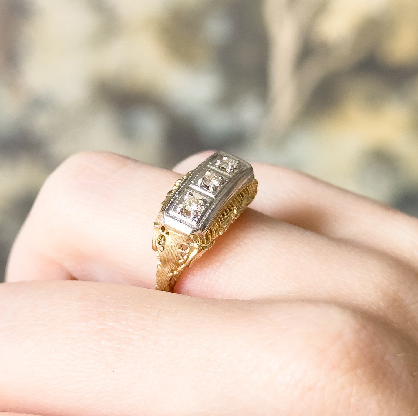 Vintage Art Deco Style Diamond Trilogy Ring in 14K Two Tone Gold