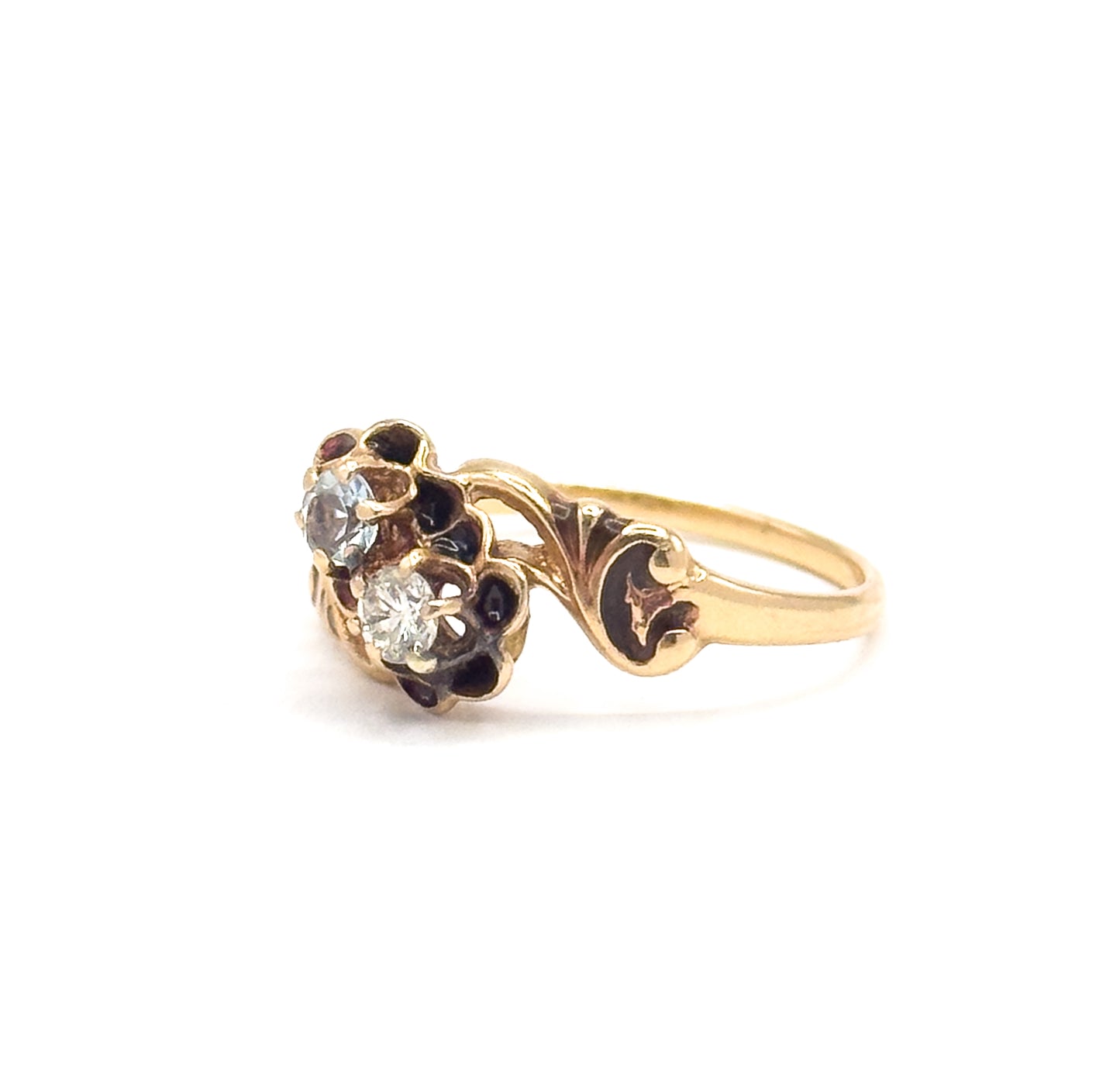 Mid-Century Victorian Revival Diamond & Aquamarine Moi et Toi Ring in 14K Gold