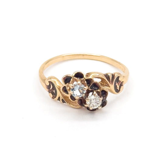 Mid-Century Victorian Revival Diamond & Aquamarine Moi et Toi Ring in 14K Gold