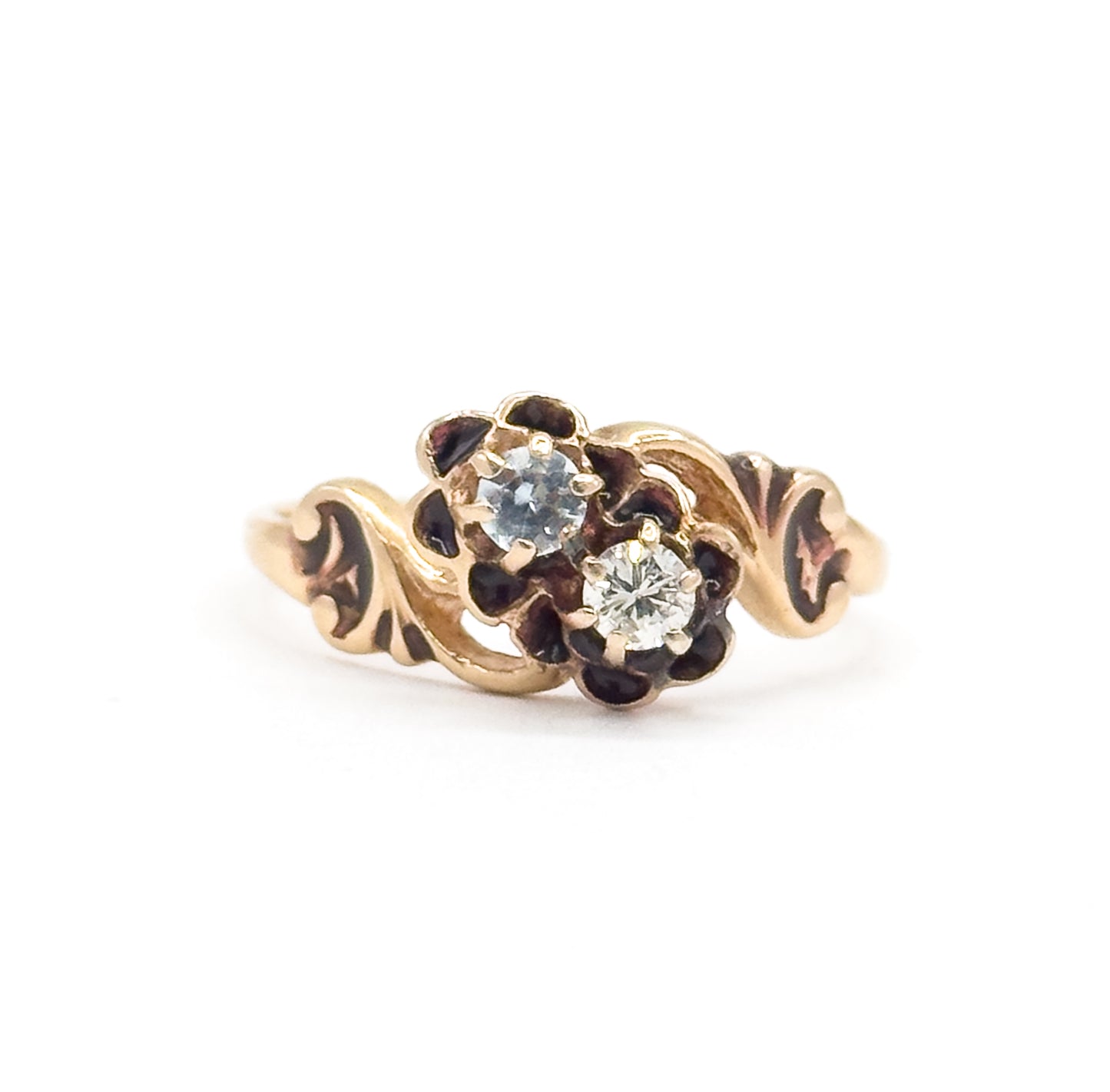 Mid-Century Victorian Revival Diamond & Aquamarine Moi et Toi Ring in 14K Gold
