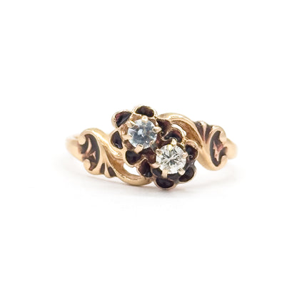 Mid-Century Victorian Revival Diamond & Aquamarine Moi et Toi Ring in 14K Gold