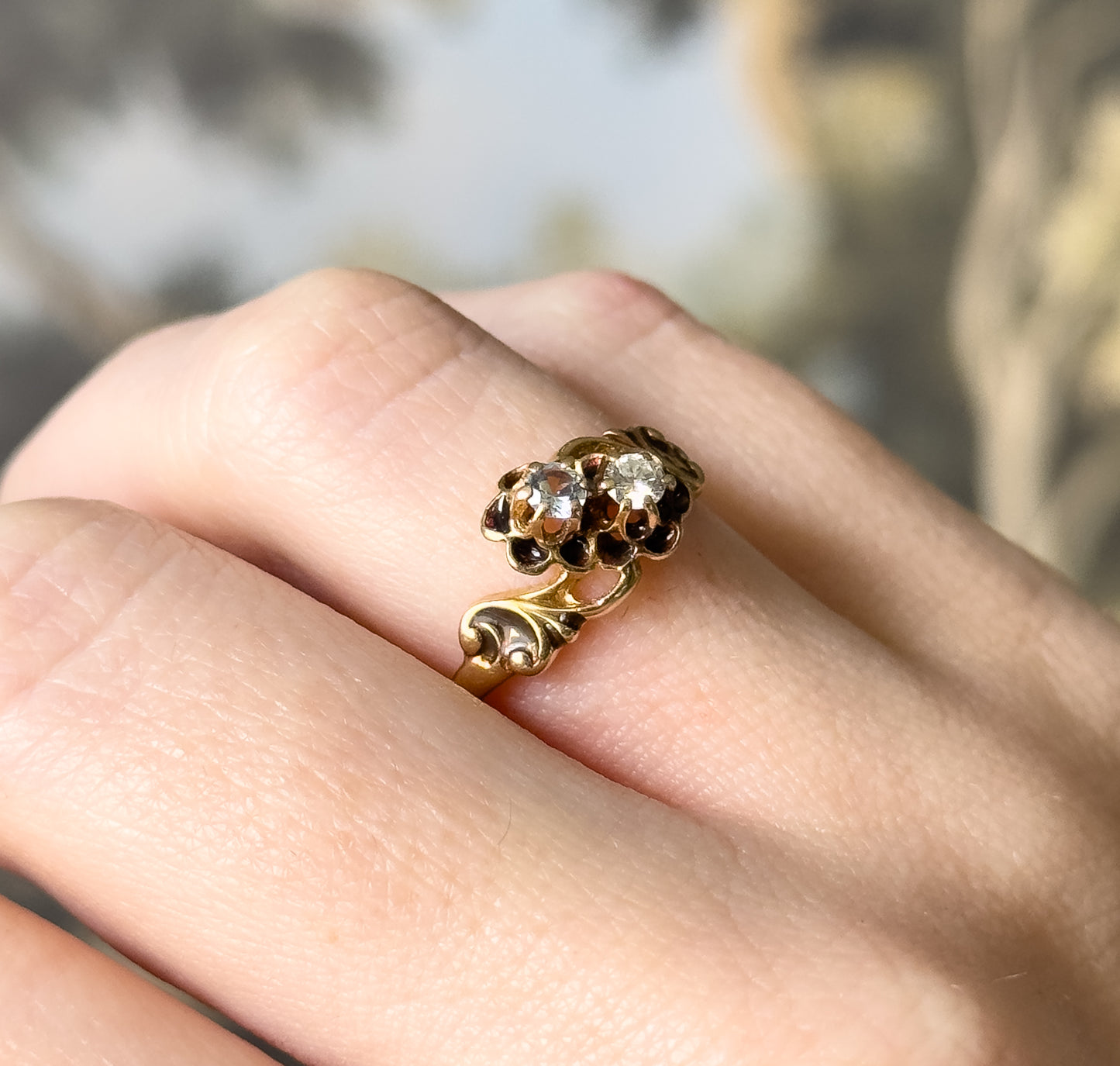 Mid-Century Victorian Revival Diamond & Aquamarine Moi et Toi Ring in 14K Gold