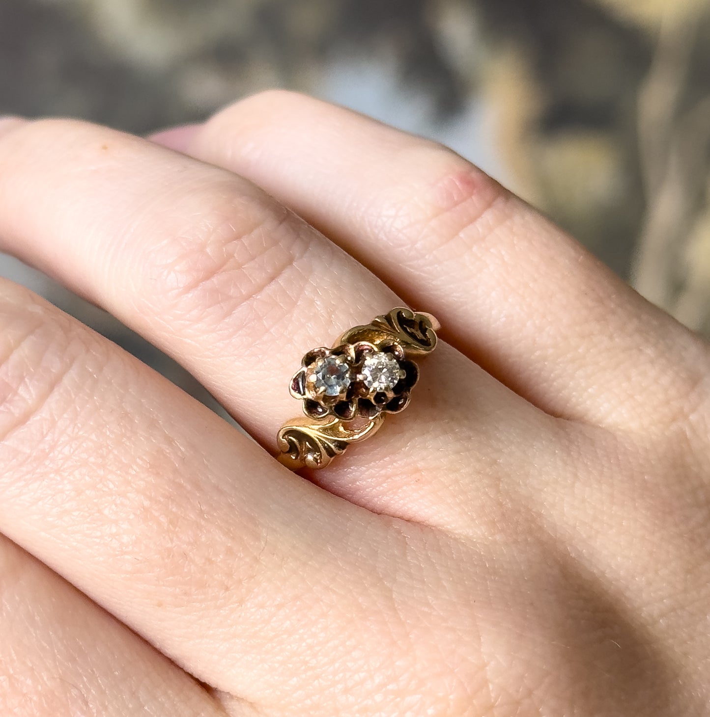 Mid-Century Victorian Revival Diamond & Aquamarine Moi et Toi Ring in 14K Gold