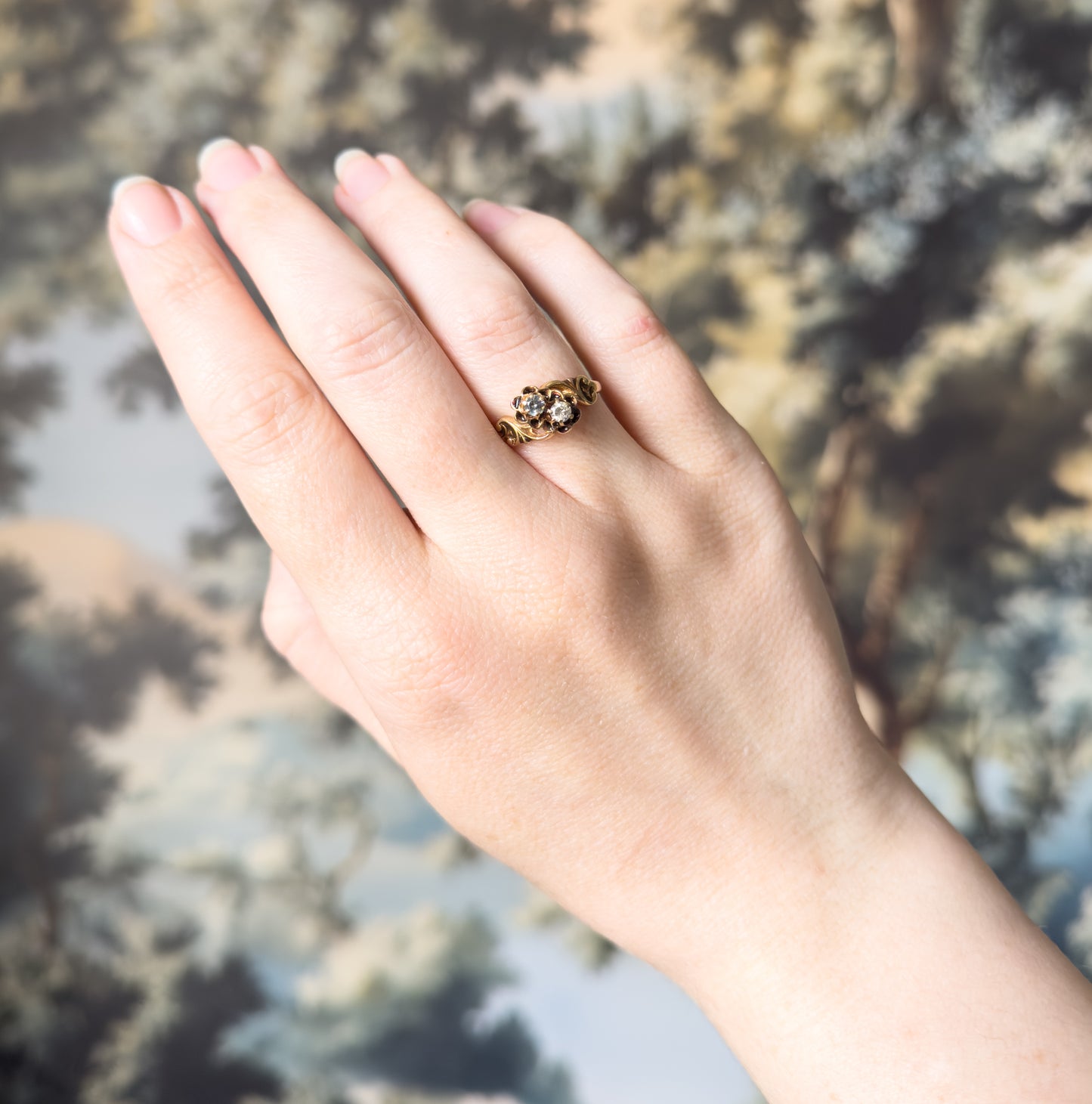 Mid-Century Victorian Revival Diamond & Aquamarine Moi et Toi Ring in 14K Gold