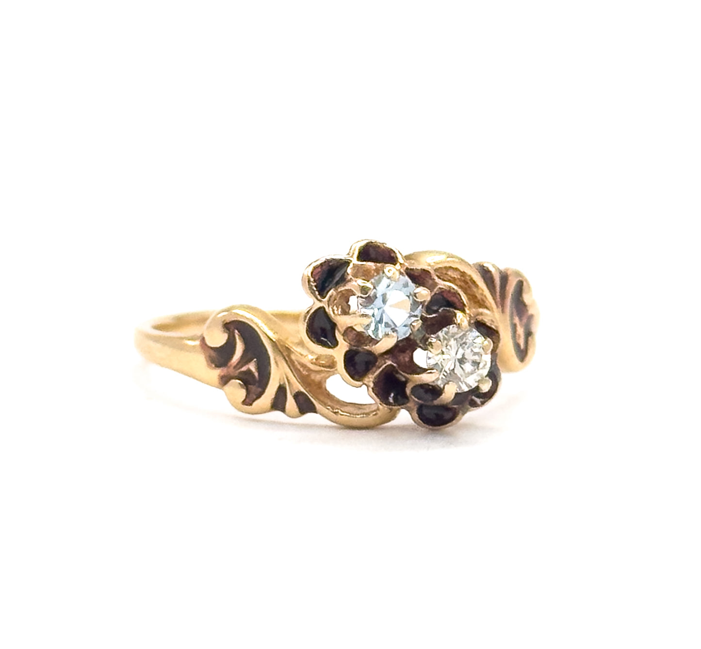 Mid-Century Victorian Revival Diamond & Aquamarine Moi et Toi Ring in 14K Gold