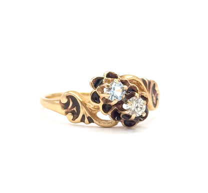 Mid-Century Victorian Revival Diamond & Aquamarine Moi et Toi Ring in 14K Gold
