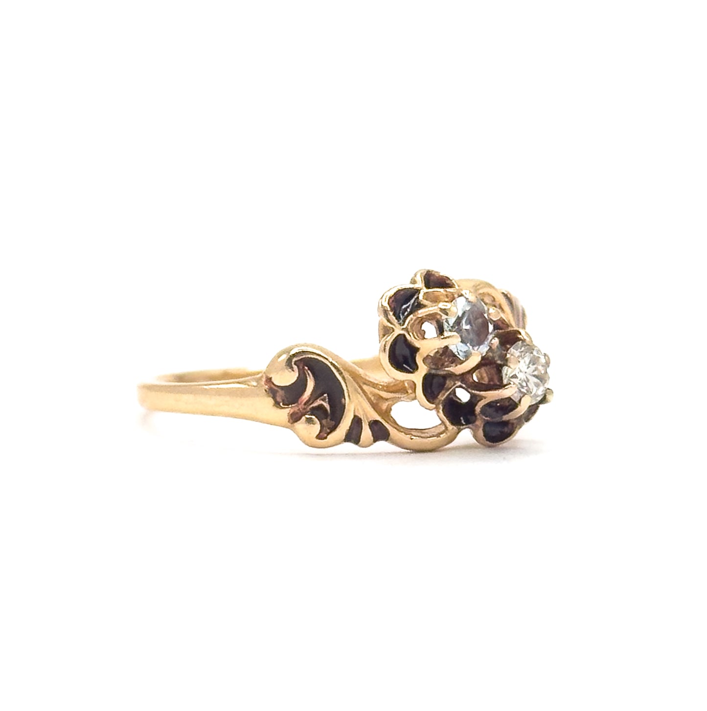 Mid-Century Victorian Revival Diamond & Aquamarine Moi et Toi Ring in 14K Gold