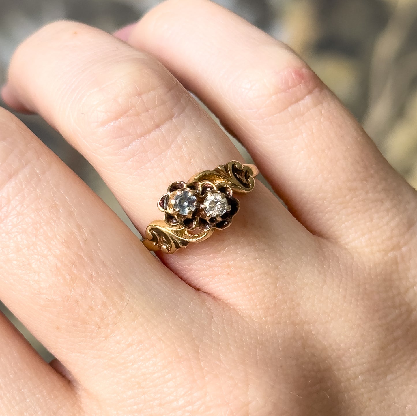 Mid-Century Victorian Revival Diamond & Aquamarine Moi et Toi Ring in 14K Gold