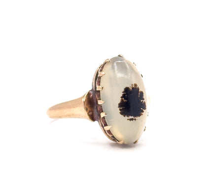 Victorian Dendritic Agate Cabochon Ring in 10K Yellow Gold