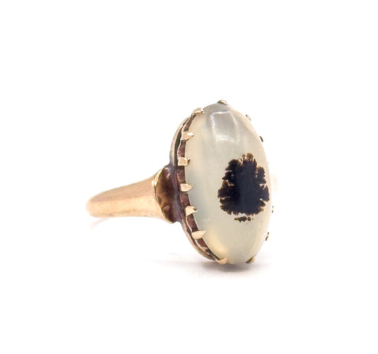 Victorian Dendritic Agate Cabochon Ring in 10K Yellow Gold