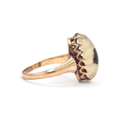 Victorian Dendritic Agate Cabochon Ring in 10K Yellow Gold