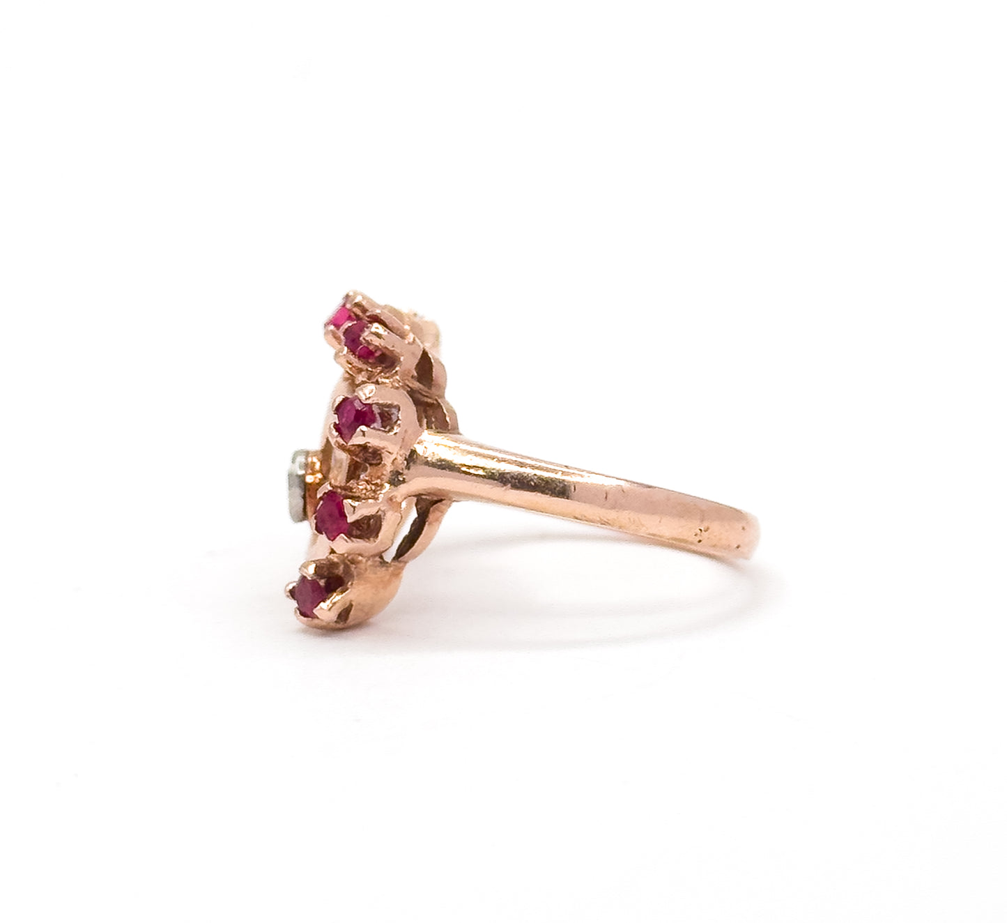 Retro Synthetic Ruby & Diamond Swirl Ring in 14K Rose Gold