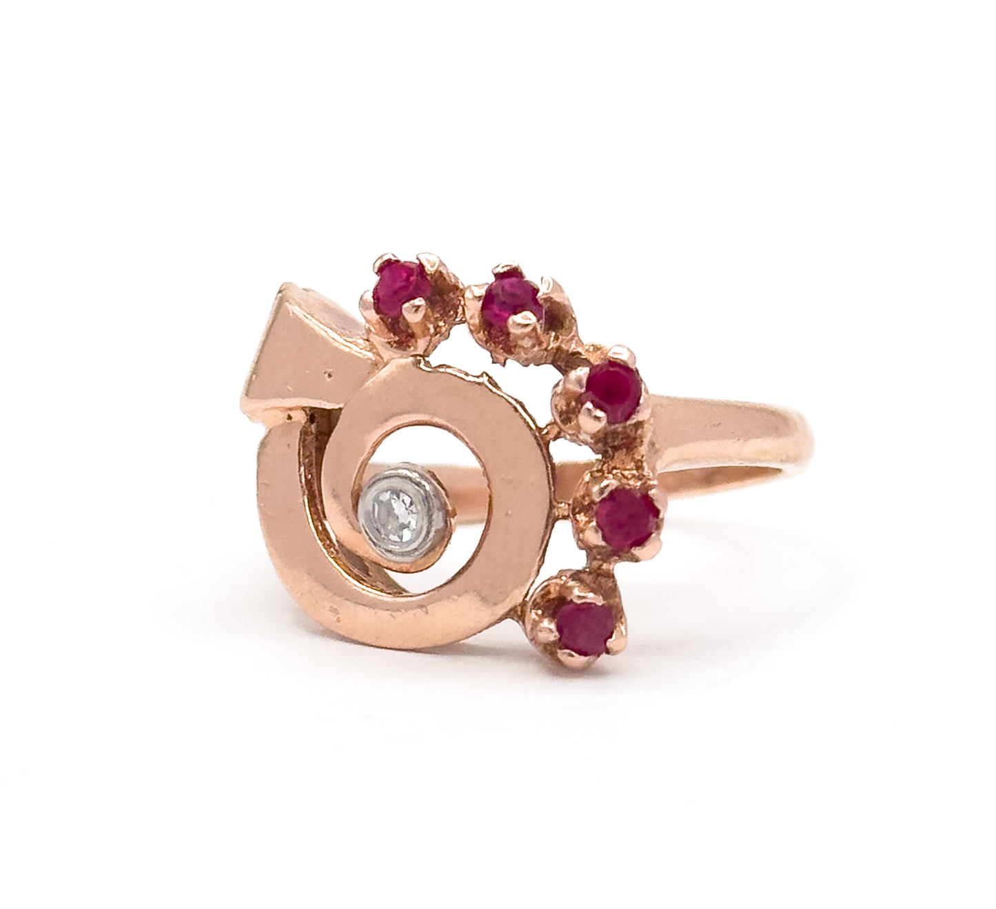 Retro Synthetic Ruby & Diamond Swirl Ring in 14K Rose Gold