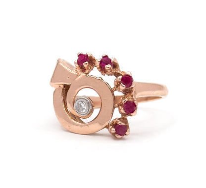 Retro Synthetic Ruby & Diamond Swirl Ring in 14K Rose Gold