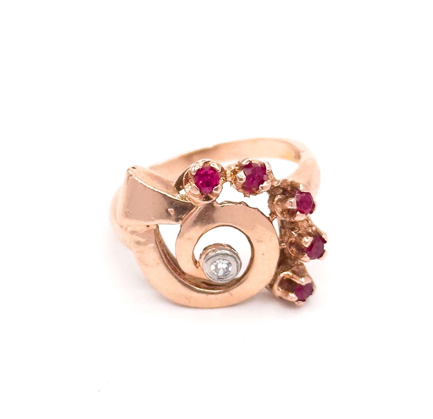 Retro Synthetic Ruby & Diamond Swirl Ring in 14K Rose Gold