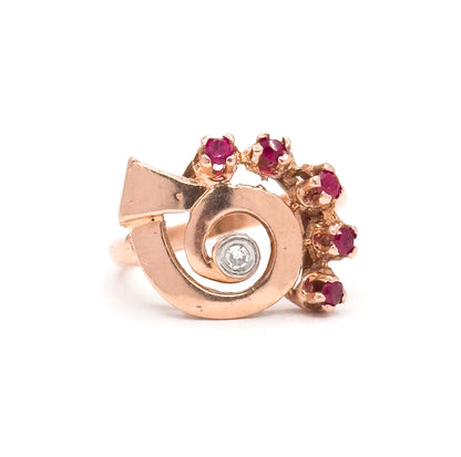 Retro Synthetic Ruby & Diamond Swirl Ring in 14K Rose Gold