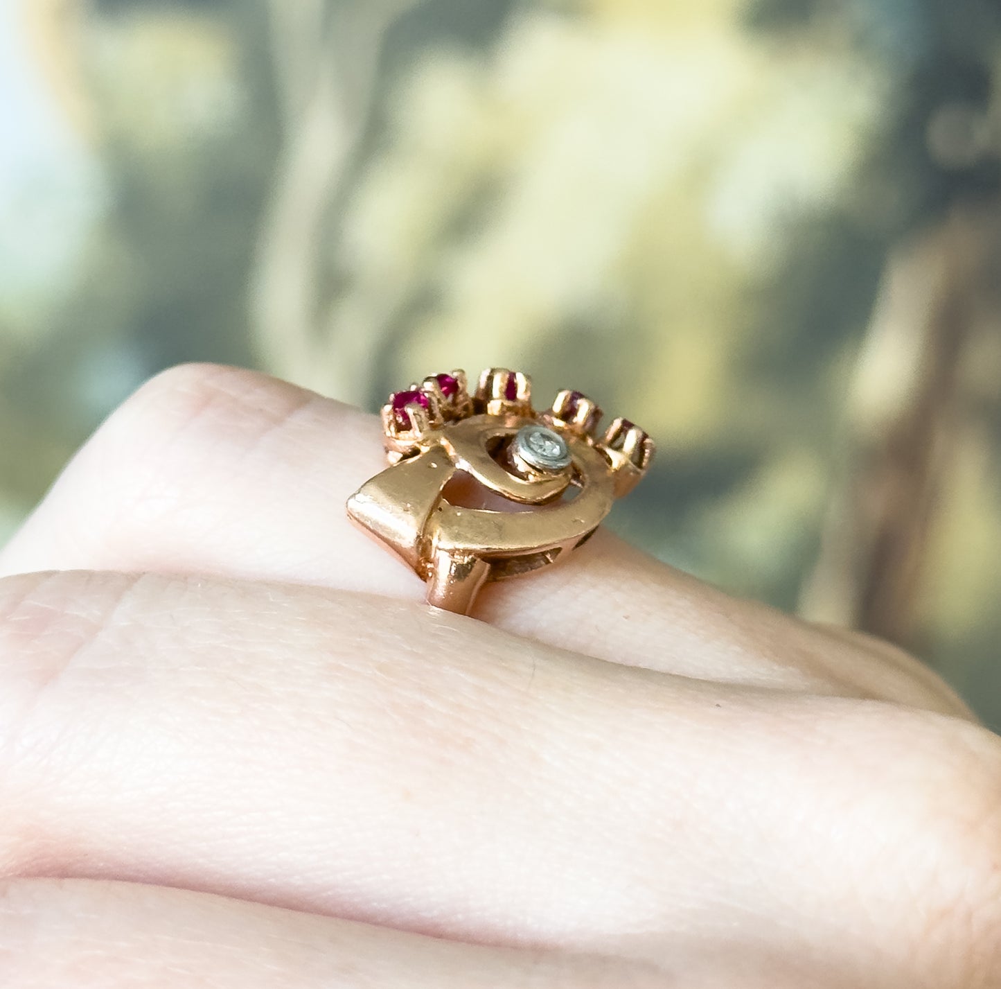 Retro Synthetic Ruby & Diamond Swirl Ring in 14K Rose Gold