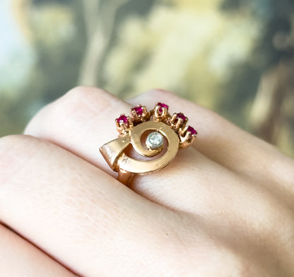 Retro Synthetic Ruby & Diamond Swirl Ring in 14K Rose Gold