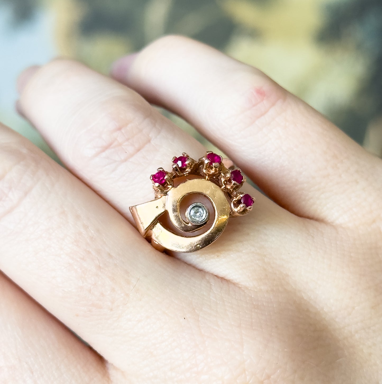 Retro Synthetic Ruby & Diamond Swirl Ring in 14K Rose Gold