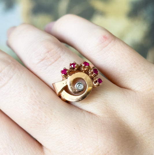 Retro Synthetic Ruby & Diamond Swirl Ring in 14K Rose Gold