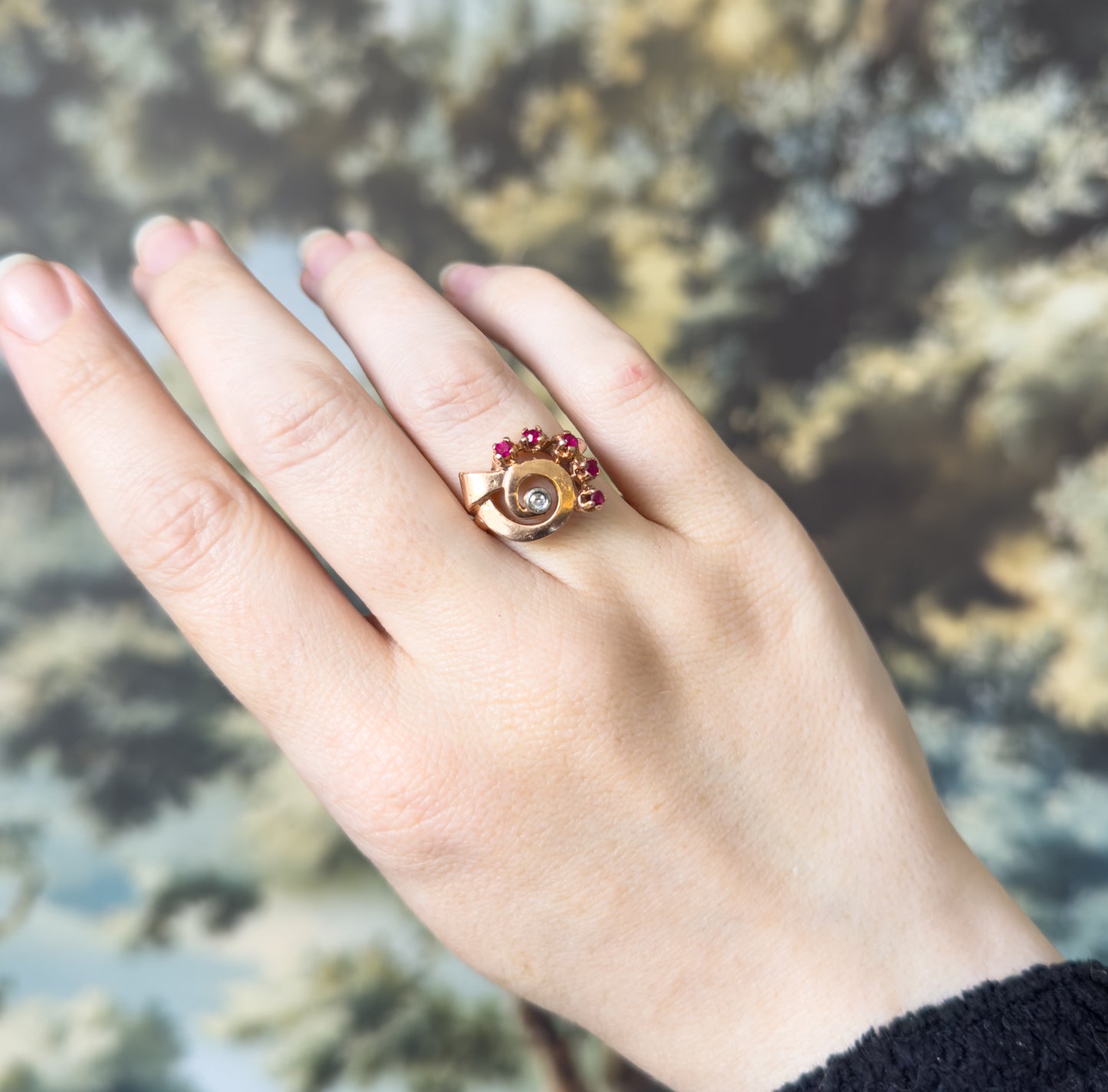 Retro Synthetic Ruby & Diamond Swirl Ring in 14K Rose Gold