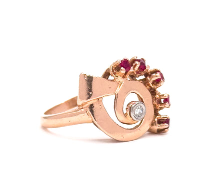 Retro Synthetic Ruby & Diamond Swirl Ring in 14K Rose Gold