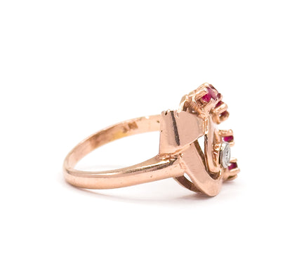 Retro Synthetic Ruby & Diamond Swirl Ring in 14K Rose Gold