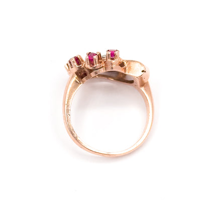 Retro Synthetic Ruby & Diamond Swirl Ring in 14K Rose Gold