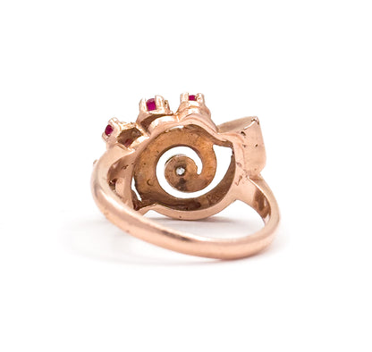 Retro Synthetic Ruby & Diamond Swirl Ring in 14K Rose Gold