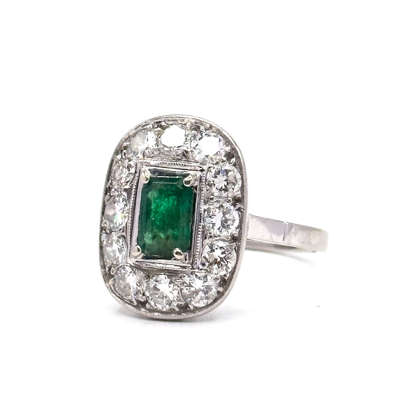 Art Deco Emerald & Diamond Halo Ring in Platinum