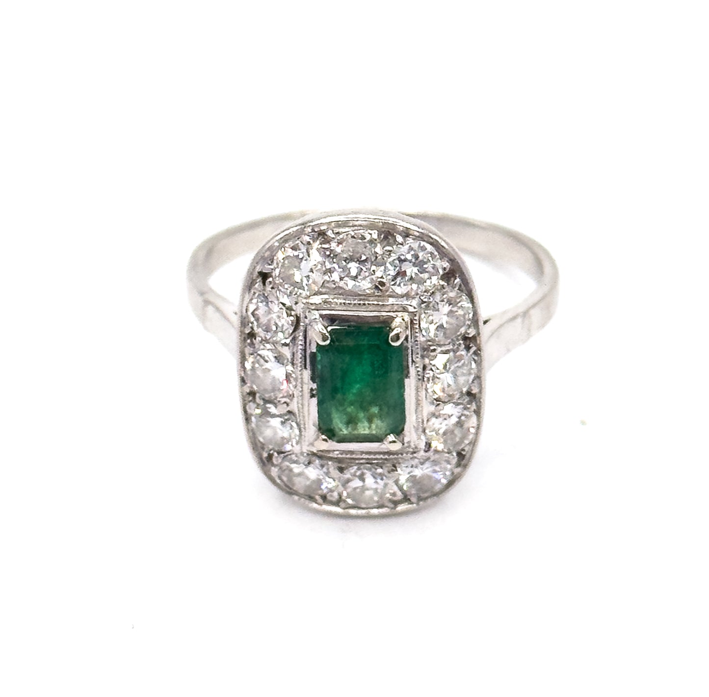Art Deco Emerald & Diamond Halo Ring in Platinum