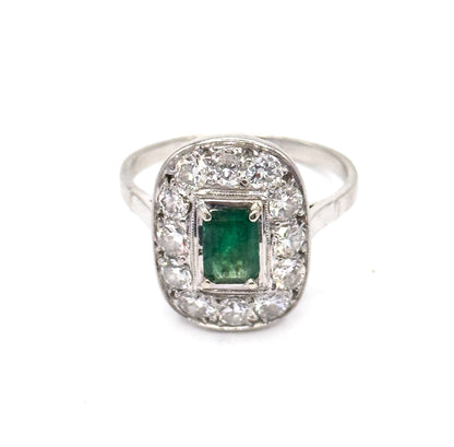 Art Deco Emerald & Diamond Halo Ring in Platinum