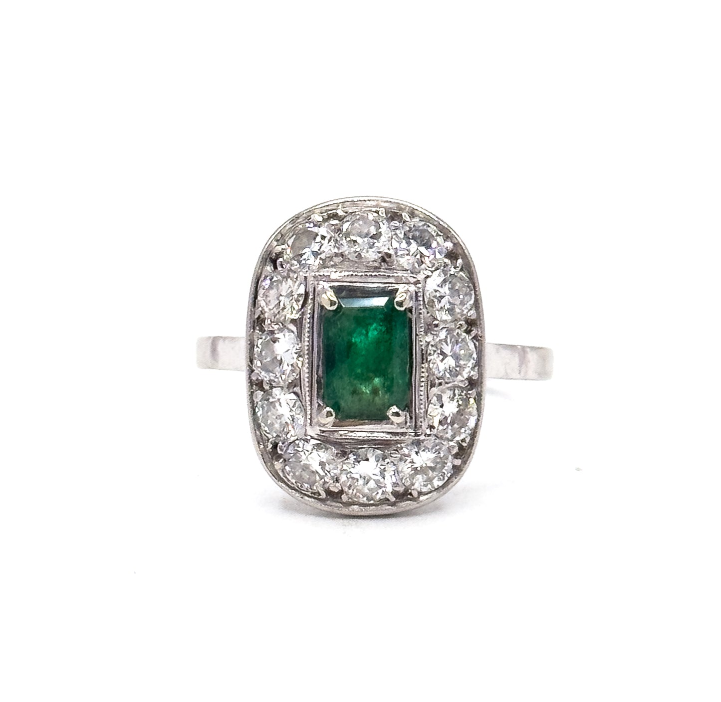 Art Deco Emerald & Diamond Halo Ring in Platinum