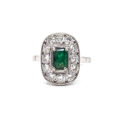Art Deco Emerald & Diamond Halo Ring in Platinum