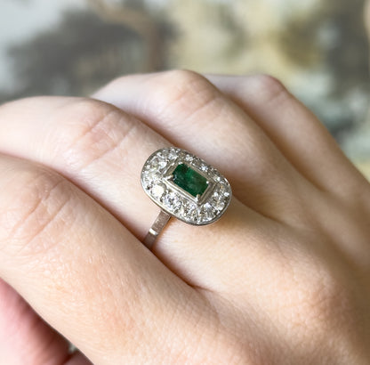Art Deco Emerald & Diamond Halo Ring in Platinum