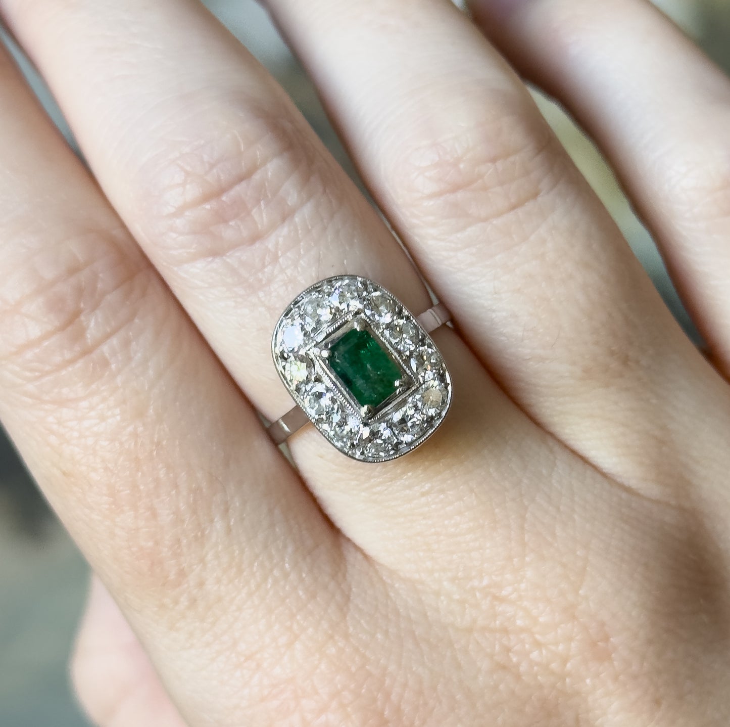 Art Deco Emerald & Diamond Halo Ring in Platinum