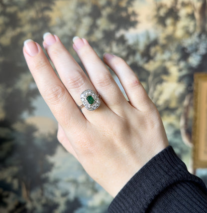 Art Deco Emerald & Diamond Halo Ring in Platinum