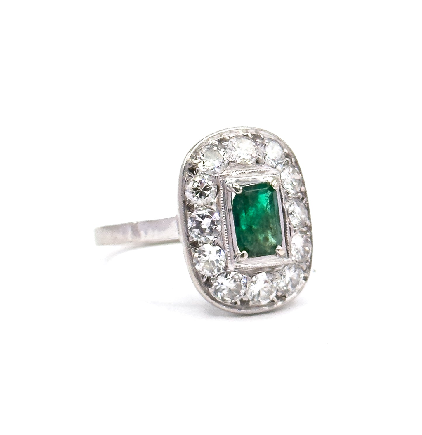 Art Deco Emerald & Diamond Halo Ring in Platinum