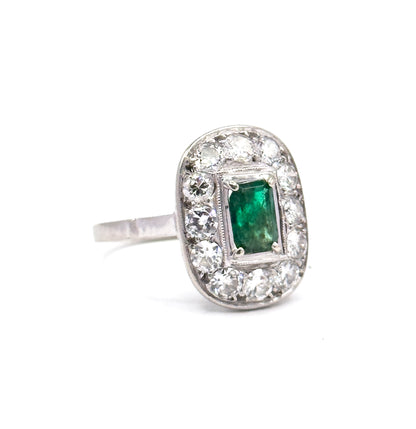 Art Deco Emerald & Diamond Halo Ring in Platinum