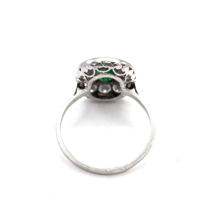 Art Deco Emerald & Diamond Halo Ring in Platinum