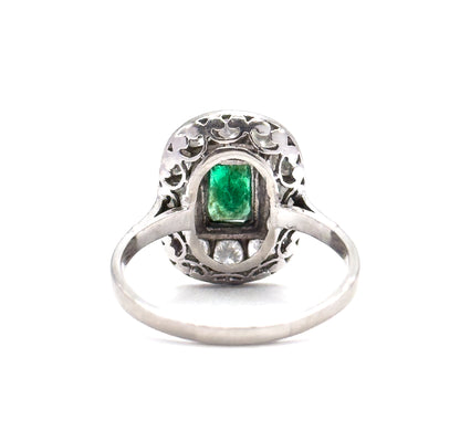 Art Deco Emerald & Diamond Halo Ring in Platinum
