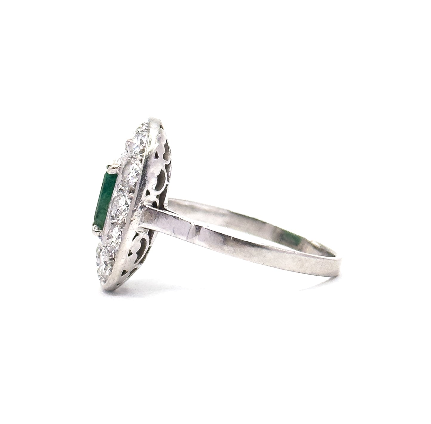 Art Deco Emerald & Diamond Halo Ring in Platinum