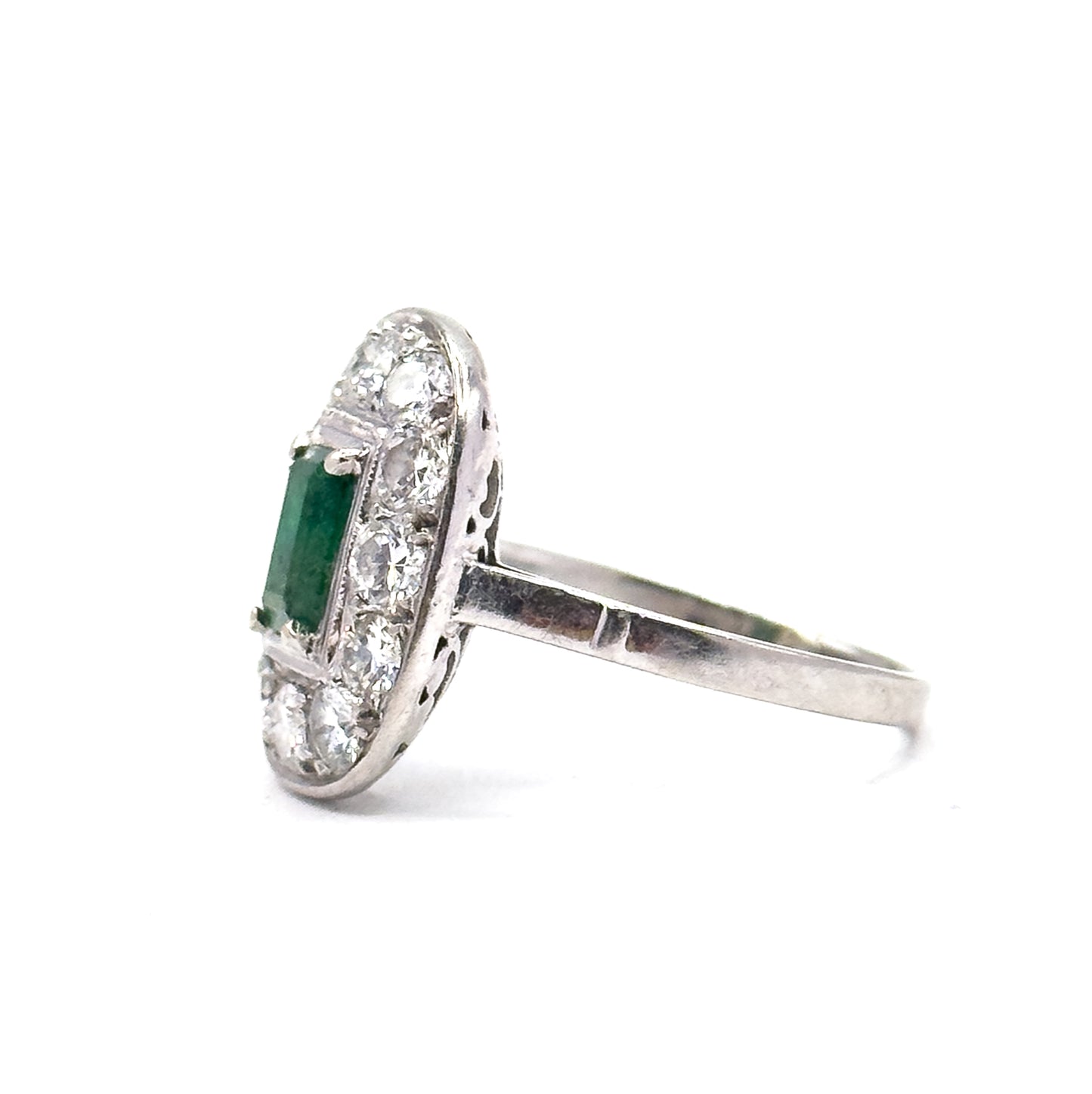 Art Deco Emerald & Diamond Halo Ring in Platinum