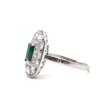 Art Deco Emerald & Diamond Halo Ring in Platinum