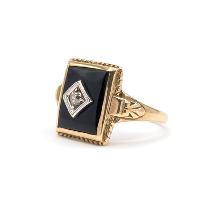 Art Deco Onyx & Old Mine Diamond Ring in 10K Gold